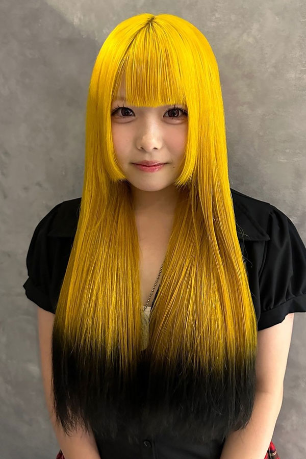 Vivid Marigold and Black Ombre with Sleek Layers, Radiant Marigold Hair Colour Ideas, warm marigold hair colour, yellow hair colour, orange hair colour, warm tone hair colour