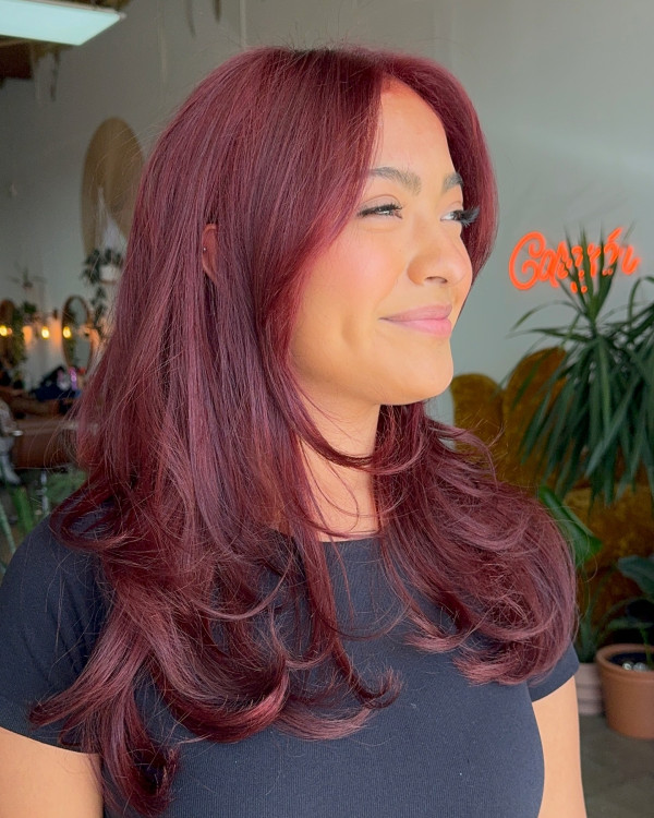 Soft Cherry Layers with Face-Framing Fringe, cherry hair colour, cherry hair colour on dark hair