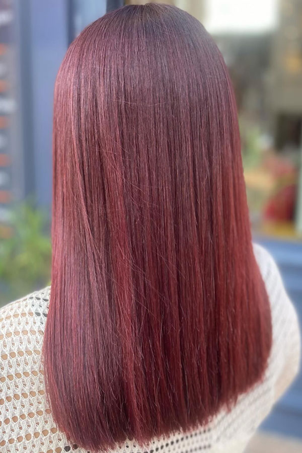 Sleek Straight Cherry Red Medium-Length , cherry hair colour, cherry hair color ideas