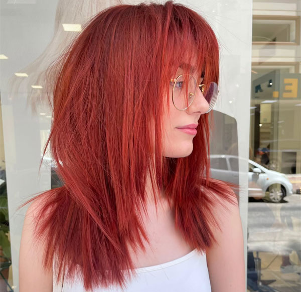 Bright Red Choppy Layers with Bangs, red hair colour, red hair colour ideas, red hair inspo, red hair colour inspiration, red hair colour on dark hair, red cherry hair colour