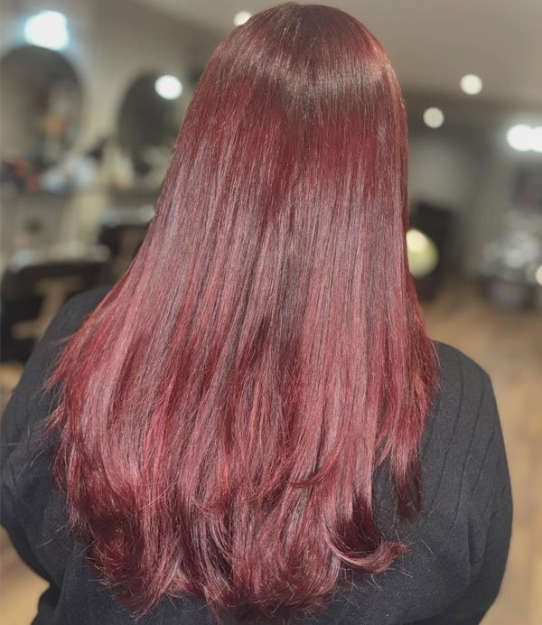 23 Juicy Cherry Hair Colour Shades : Radiant Cherry Red Long Sleek Layers with Vibrant Shine