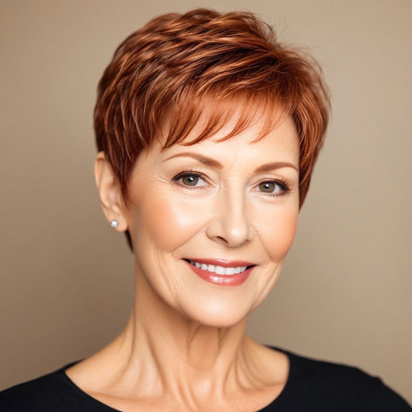 Fiery Auburn Pixie Cut, thin hair older short hairstyles for fine hair over 60, low-maintenance hairstyles for seniors with thin hair, Thin hair older short hairstyles for fine hair over 60 straight, Wash and wear haircuts for over 60 with thin hair, fine haircut for women over 60