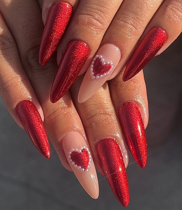 Glittering Ruby Red Valentine’s Day Nails with A Heart Pearls