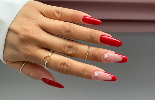 40 Charming Love Heart Accent Nail Ideas : Red French Nails with White Heart