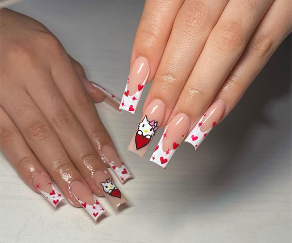 Classic White Tip with Love Hearts and Hello Kitty Valentine’s Day Nails