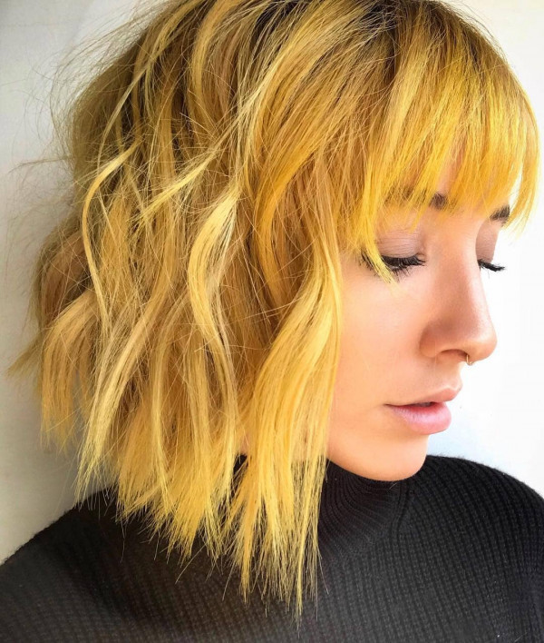 20 Radiant Marigold Hair Colour Ideas : Soft Marigold Tousled Bob with Blunt Fringe