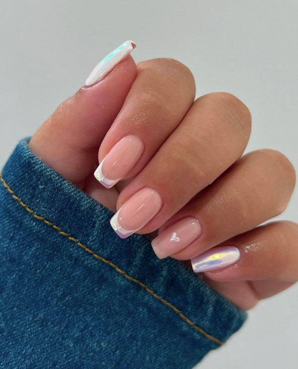 Iridescent French Manicure, Love Heart Accent Nail Ideas, Valentines Nails, Valentine's Day Nails, Valentines nail art