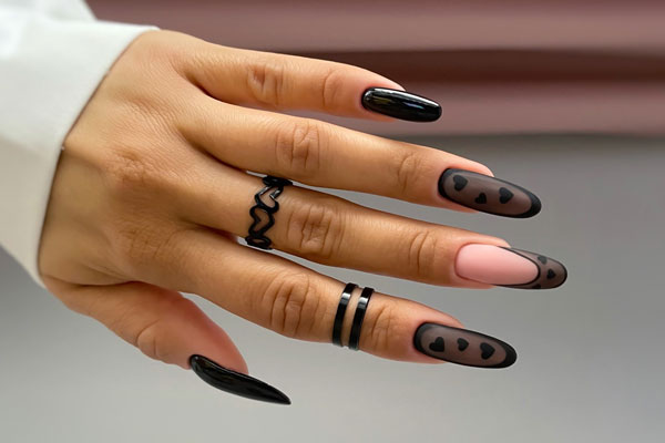 Edgy Black Heart Sheer Black Nails, Love Heart Accent Nail Ideas, Valentines Nails, Valentine's Day Nails, Valentines nail art