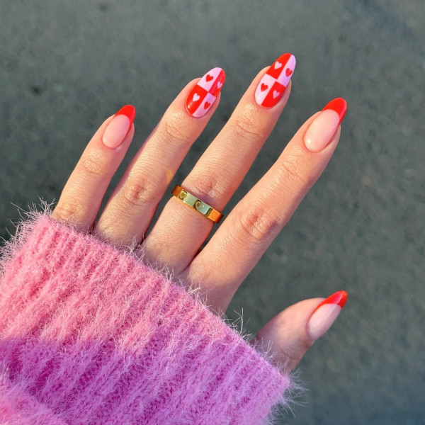 Checkered Board Red Hearts and French Tips, Love Heart Accent Nail Ideas, Valentines Nails, Valentine's Day Nails, Valentines nail art