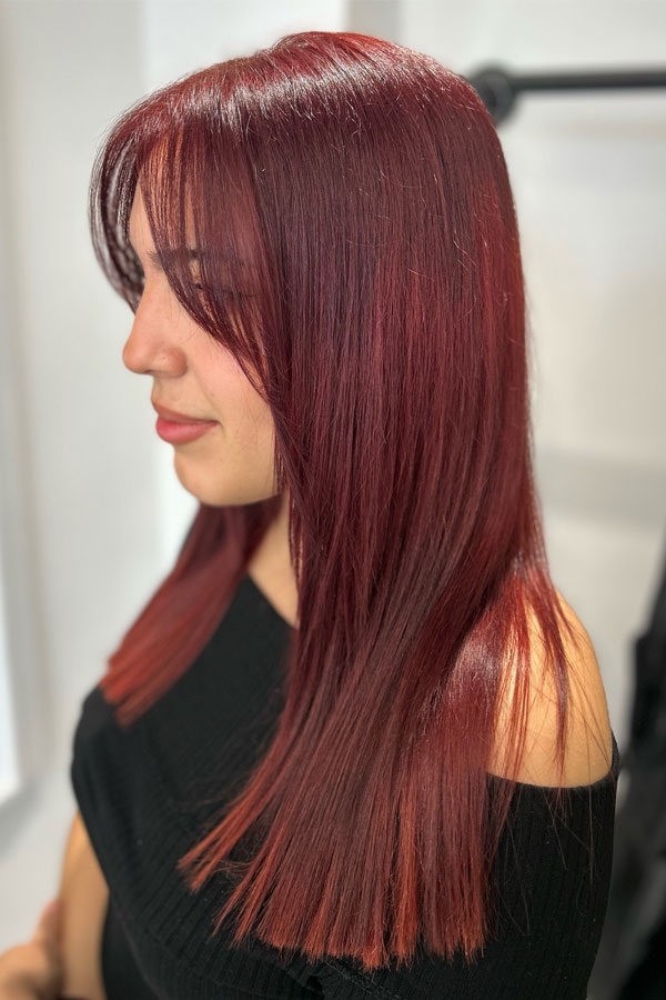 Sleek Ruby Straight Locks with Feathered Fringe, cherry hair colour, cherry hair color ideas