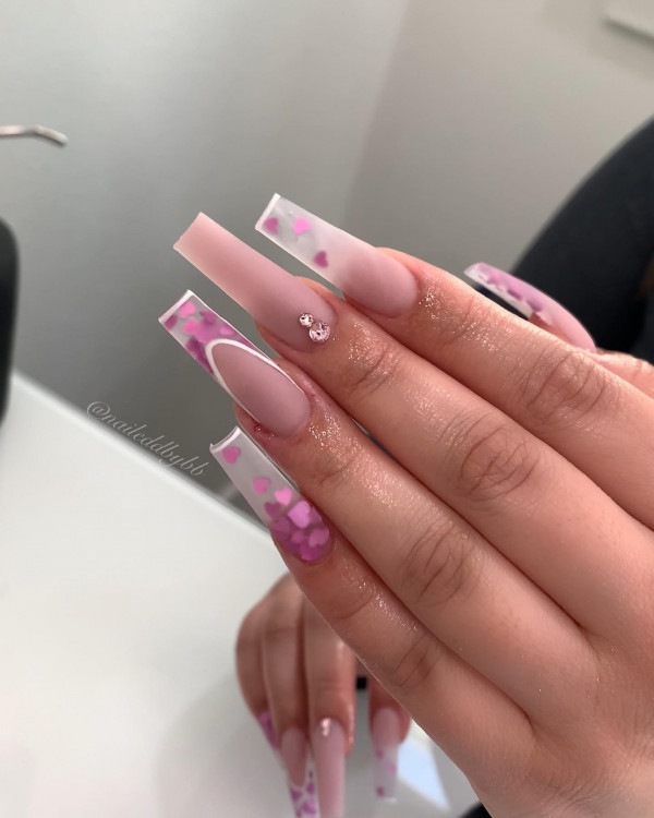 15 Cute Pink Heart Nails : Romantic Coffin Pink Love Heart Confetti Nails Long Acrylic