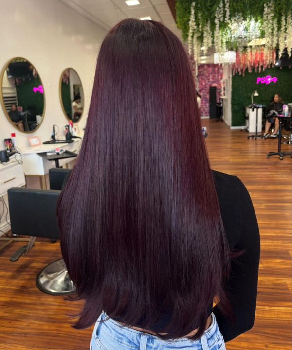 25 Rich Cherry Hair Hues for a New Look : Dark Cherry Long Straight Sleek Hairstyle