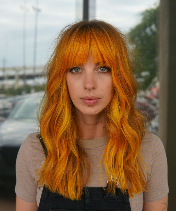 20 Radiant Marigold Hair Colour Ideas : Fiery Ombre Marigold with Blunt Fringe