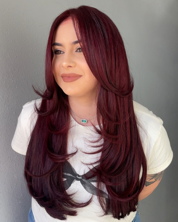 Dramatic Cherry Red Cascading Long Layers with Face-Framing Flicks, cherry hair colour, cherry hair colour on dark hair