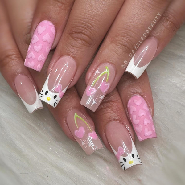 Hello Kitty-Inspired French Tips, Hello Kitty nails, Hello Kitty nails acrylic, Cute Hello Kitty nails, Hello Kitty Valentine's day nails,