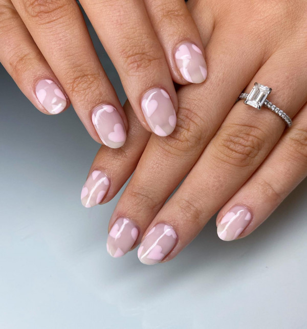 15 Cute Pink Heart Nails : Light Pink Love Hearts Short Almond Nude Nails