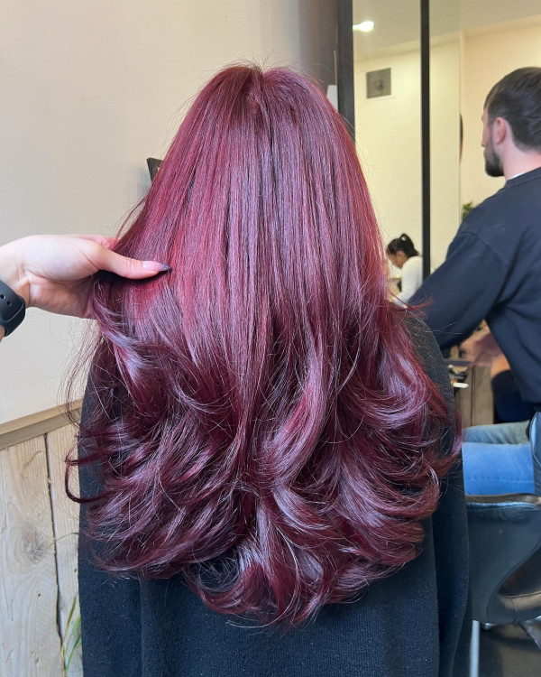 25 Rich Cherry Hair Hues for a New Look : Blowout Velvet Cherry Bouncy Long Layers