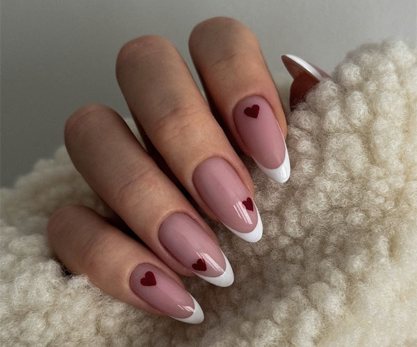 20 Minimalist Valentine’s Day Nail Designs : Romantic Red Heart on French Tips