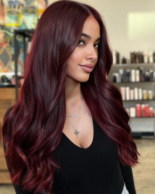 25 Rich Cherry Hair Hues for a New Look : Glossy Burgundy Cherry Long Waves with Blowout