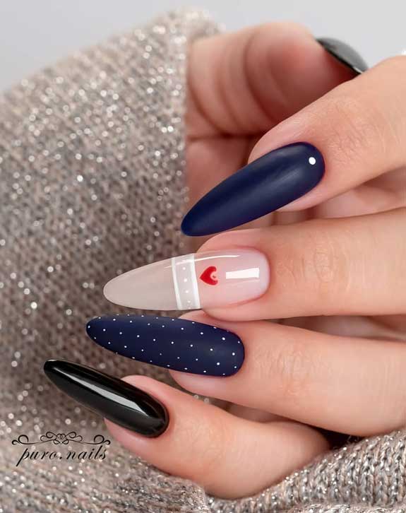 Midnight Blue Almond-Shaped Valentine’s Day Nails with Red Heart