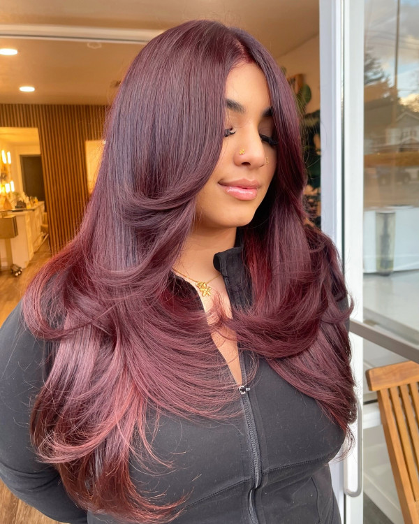 23 Juicy Cherry Hair Colour Shades : Elegant Plum Cherry Long Butterfly Layers