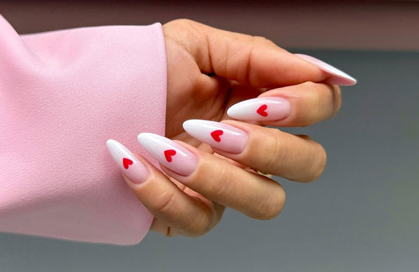 40 Charming Love Heart Accent Nail Ideas : Ombre Pink Almond Shape with a Red Heart