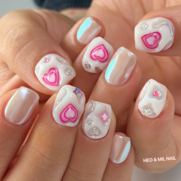 15 Cute Pink Heart Nails : Playful Neon Pink Heart Nails