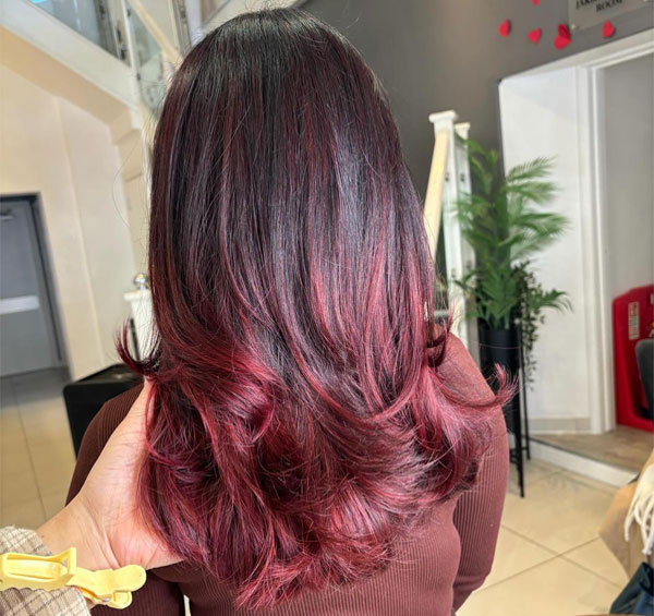 25 Rich Cherry Hair Hues for a New Look : Long Layered Black Cherry Balayage