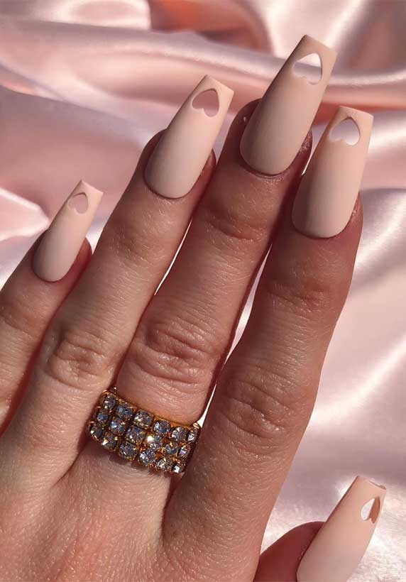 Coffin-Shaped Nude Matte Barely There Valentine’s Day Nails