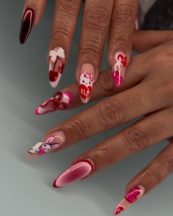 20 Hello Kitty Nails for Valentine’s Day : Romantic Bold Red & Pink Nails