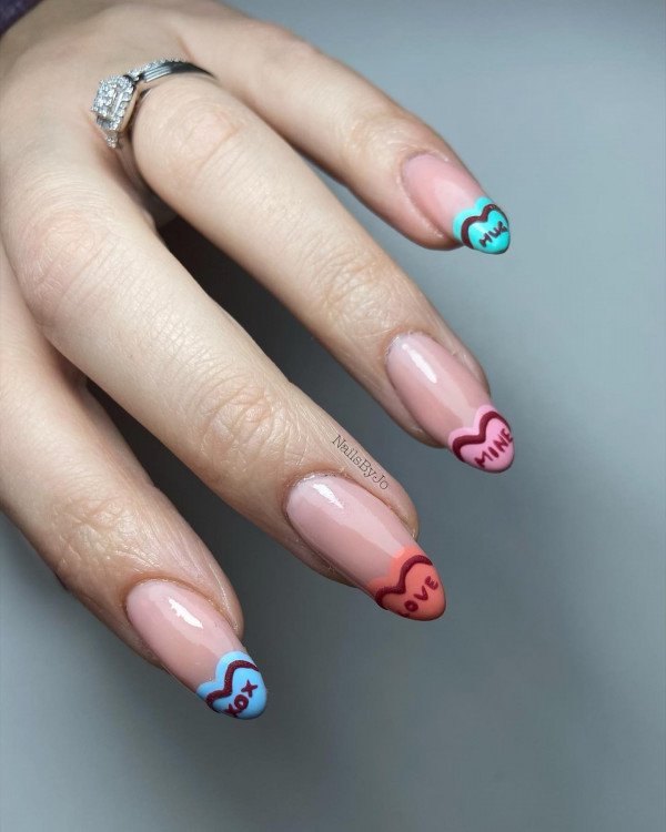 40 Charming Love Heart Accent Nail Ideas : Candy Heart French Tips