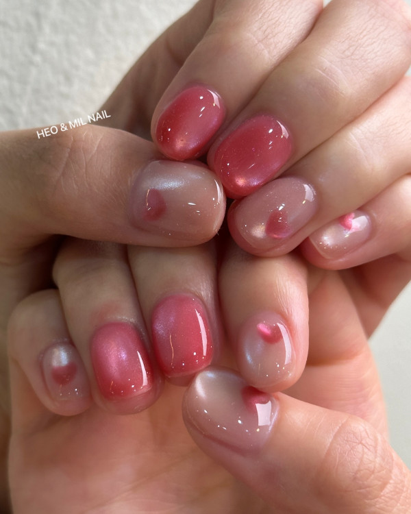 15 Cute Pink Heart Nails : Minimalist Pearlescent Heart Nails