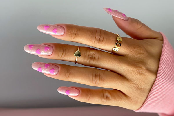 15 Cute Pink Heart Nails : Soft Pink Love Heart on Glittery Nails