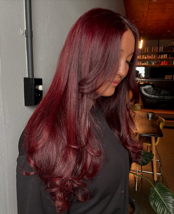 25 Red Hair Colour Ideas for a New Look: Deep Cherry Long Layers Blowout 