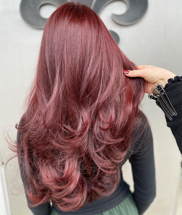 Voluminous Red Cherry with Cascading Layers , cherry hair colour, cherry hair colour on dark hair