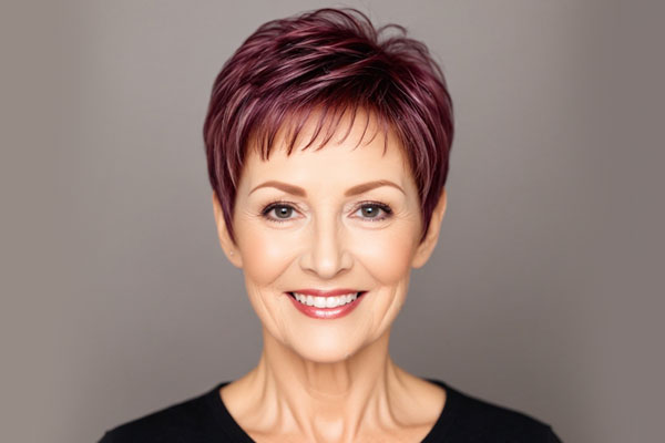 Vibrant Plum Pixie, thin hair older short hairstyles for fine hair over 60, low-maintenance hairstyles for seniors with thin hair, Thin hair older short hairstyles for fine hair over 60 straight, Wash and wear haircuts for over 60 with thin hair, fine haircut for women over 60