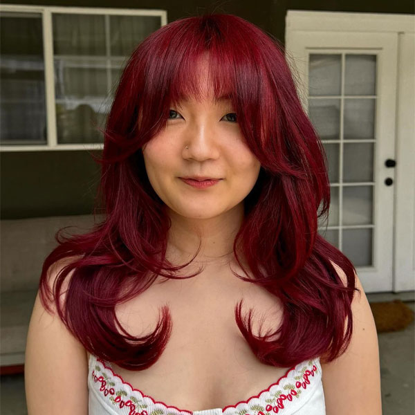 Crimson Cherry Layered Waves with Wispy Fringe, cherry hair colour, cherry hair color ideas