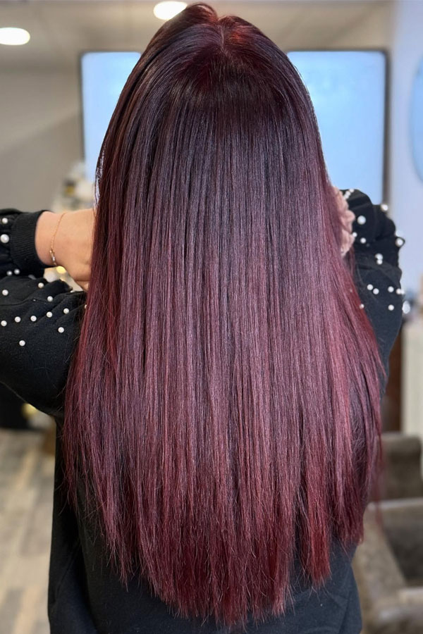 25 Rich Cherry Hair Hues for a New Look : Mulberry Cherry Long Straight Hairstyle