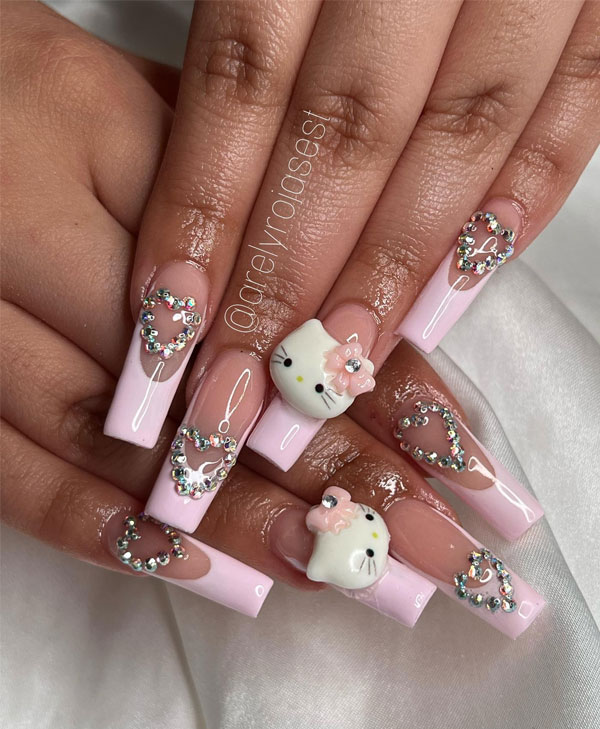 3D Crystal Heart Acrylic Nails , White Tip Coffin-Shaped Nails with Hello Kitty Charm, Long Coffin French Tips with Hearts, Hello Kitty nails, Hello Kitty nails acrylic, Cute Hello Kitty nails, Hello Kitty Valentine's day nails, Hello-Kitty Inspired nail art