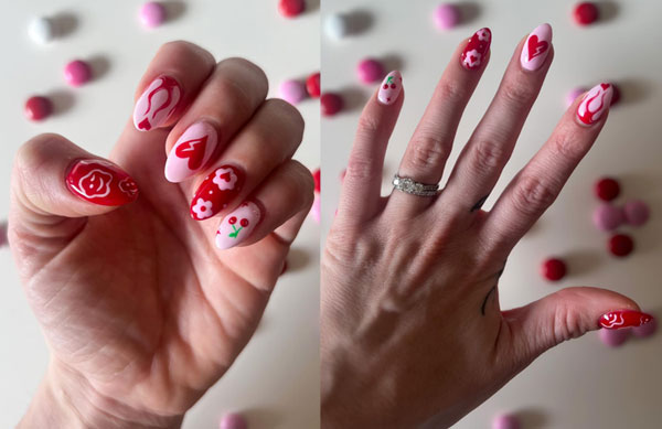 Pink and Red Playful Mix and Match Cute Valentine's Day Nails, Valentine's day nails pink, Valentine's nails 2024, Valentine's day nails short, Cute valentine's day nails, Valentine's day nails acrylic, Valentine nails design