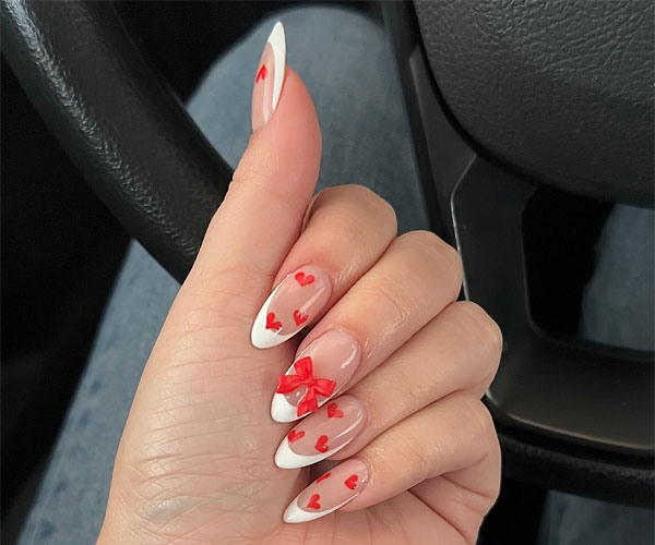 Red Hearts Scattered French Tip Valentine’s Day Nails with A Red Bow