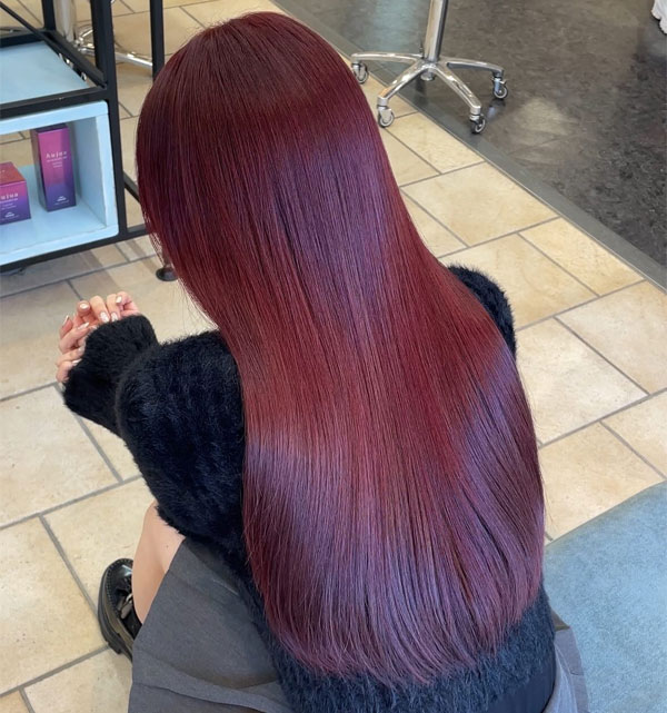 Sleek Bordeaux Cherry Straight Long Hair, cherry hair colour, cherry hair color ideas, cherry hair on dark hair, cherry cola hair