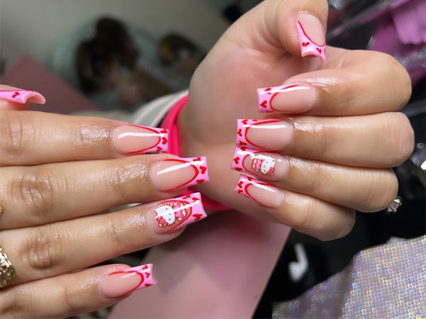 Coffin-Shaped Heartful Kitty French Tips, Minimalist Long Coffin Nails, Long Coffin Pink French Tips with Hearts, Hello Kitty nails, Hello Kitty nails acrylic, Cute Hello Kitty nails, Hello Kitty Valentine's day nails, Hello-Kitty Inspired nail art