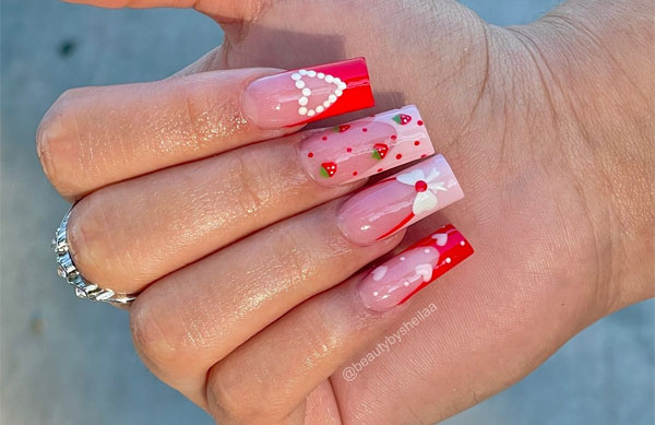 Bow, Heart, Strawberries and French Tip Valentine’s Day Nails