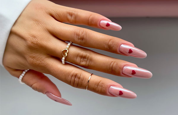 40 Charming Love Heart Accent Nail Ideas : Red Heart Glossy Pink Almond-Shaped Nails