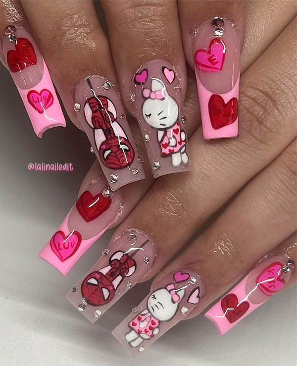 Spiderman and Hello Kitty Sheer Nails Perfect for Valentine’s Day