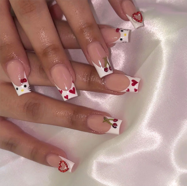 Classy French Tips with Red Cheery & Hearts, Long Coffin French Tips with Hearts, Hello Kitty nails, Hello Kitty nails acrylic, Cute Hello Kitty nails, Hello Kitty Valentine's day nails, Hello-Kitty Inspired nail art