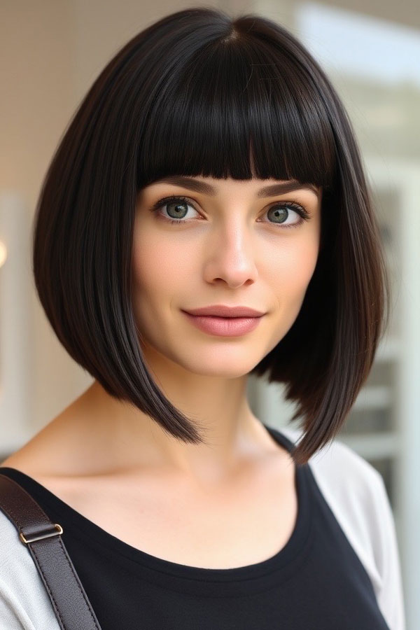 Sleek Black Lob with Blunt Bangs, lob haircut with fringe, long bob haircut, trendy long bob, lob hairstyle