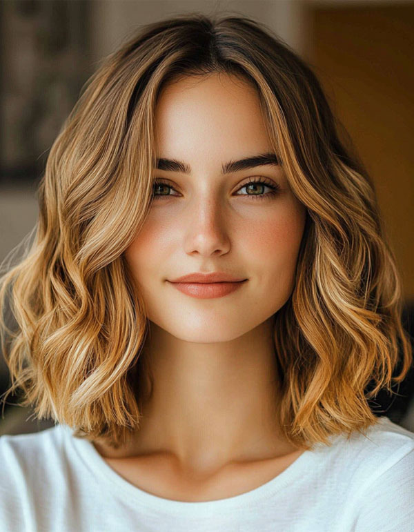 25 Trendy Long Bob Haircuts : Golden Blonde Balayage Sun-Kissed Wavy Lob