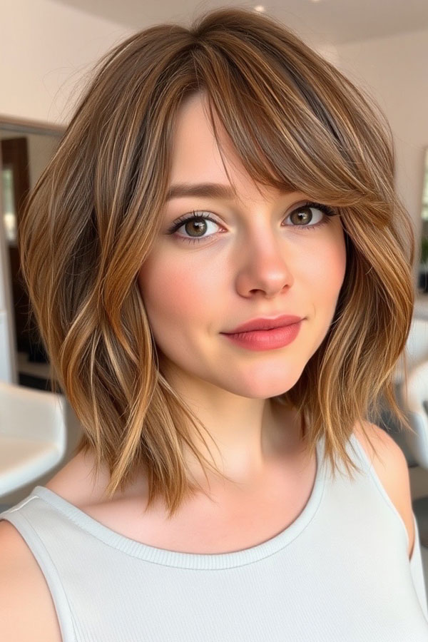 25 Trendy Long Bob Haircuts : Warm Brown Wavy Lob with Side Bangs